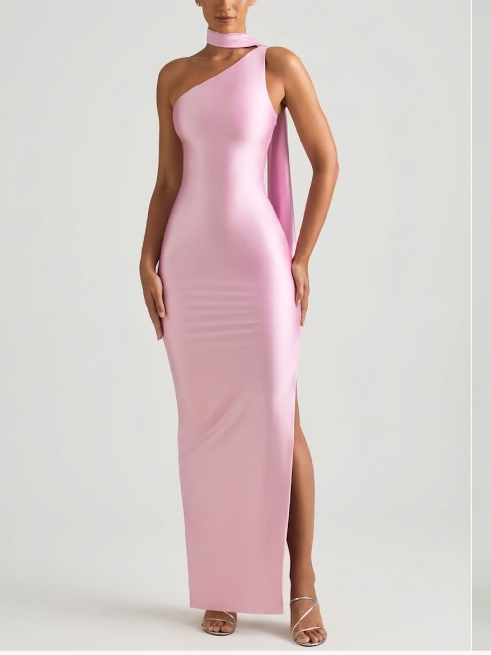 Oh Polly One-Shoulder Maxi Dress in Light Pink with Scarf Detail